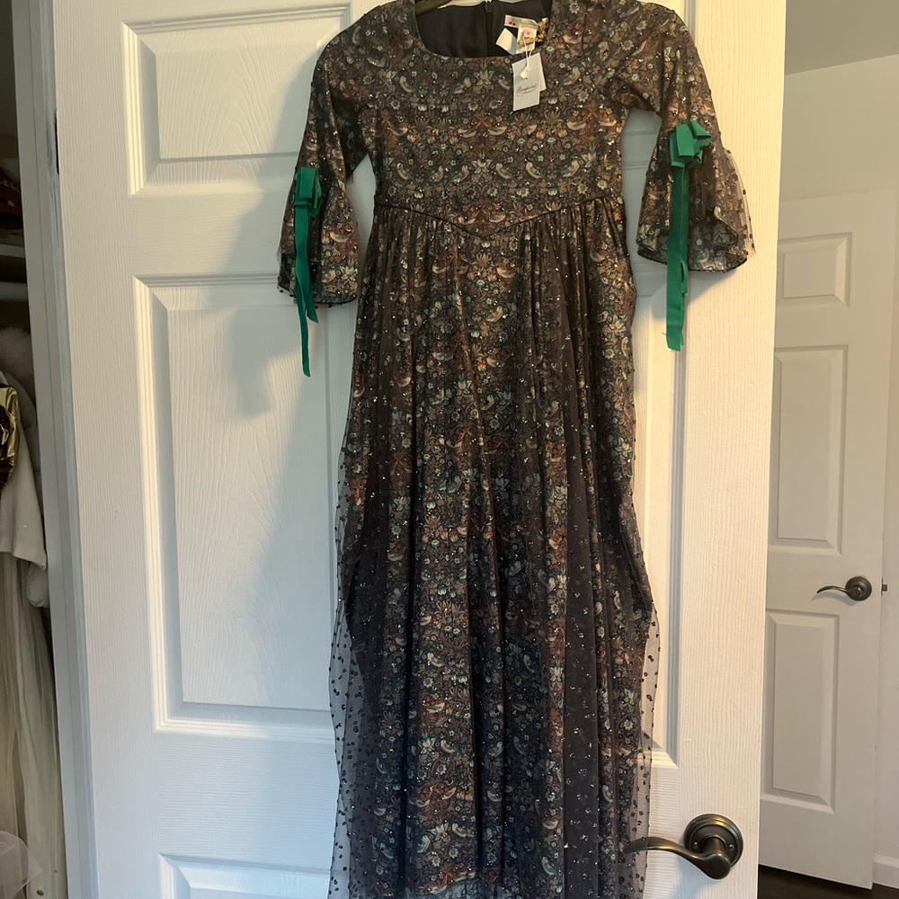 Couture party dress one of a KIND liberty print with Mesh overlay